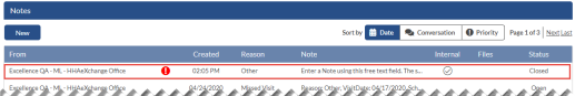 In the image, a new created Patient Note displays in the Notes section and table of data at bottom.